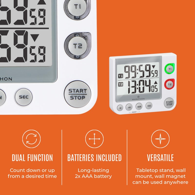 Marathon 100 Hour Dual Digital Timer, White - Large, Easy-to-Read LCD Display - Loud Ring Alarm - 2 AAA Batteries Included - Image 2